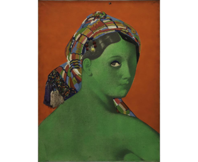 Martial Raysse
Made in Japan - La grande odalisque
1964
Peinture acrylique, verre, mouche, passementerie en fibre synthétique, sur photographie marouflée sur toile
130 x 97 cm
Centre Pompidou, Don Scaler Foundation, 1995 - © Mennour