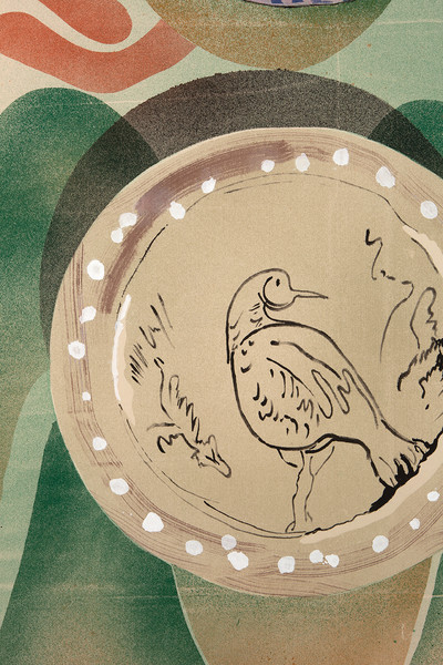 3 Plates as backdrop on oxide infused slip decoration with drips and shadows, snail, pomegranate, bird - © Mennour