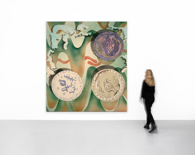3 Plates as backdrop on oxide infused slip decoration with drips and shadows, snail, pomegranate, bird - © Mennour