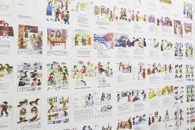 ABETARE (wallpaper installation), 2015
Wallpaper, scans of pages from the ABETARE book repeated on gallery walls
Variable dimensions - © &copy; Petrit Halilaj
Photo. archives kamel mennour
Courtesy the artist and kamel mennour Paris/London, Mennour